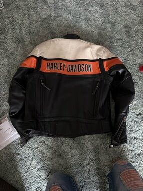 Harley-Davidson Black, Orange & White Leather Riding Jacket